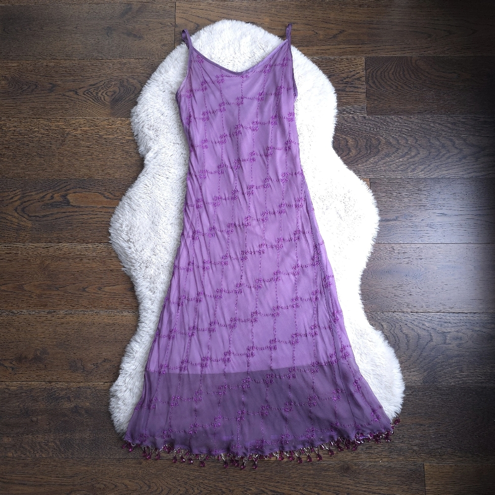 Vintage Betsey Johnson Fairy Lavender Embroidered Beaded Fringe Silk Slip Dress
